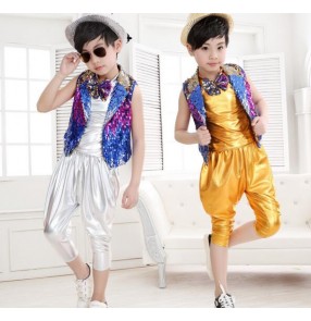 Silver gold rainbow vest colored Sequined boys child children jazz dance modern hip hop T show school play dance Stage performance costumes outfits